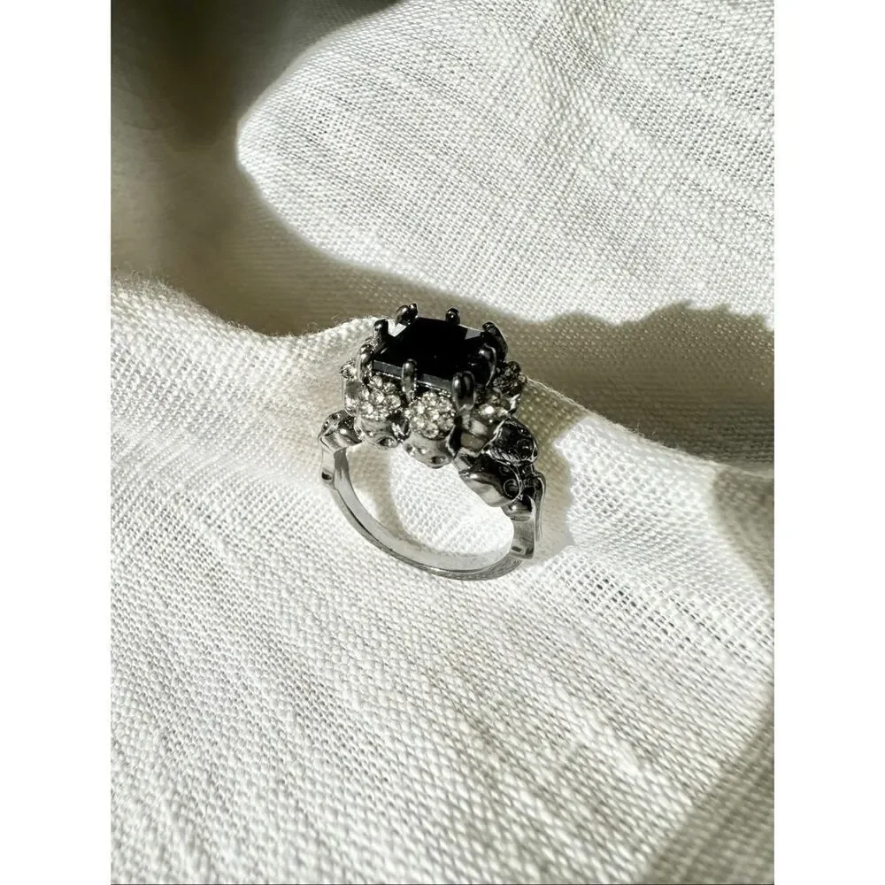 Black Onyx cubic zirconia Halloween skull cocktail ring